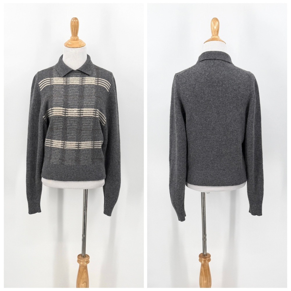 VINTAGE 80s JAEGER Wool Sweater Womens Small Gray Cream Collared Pullover Jumper